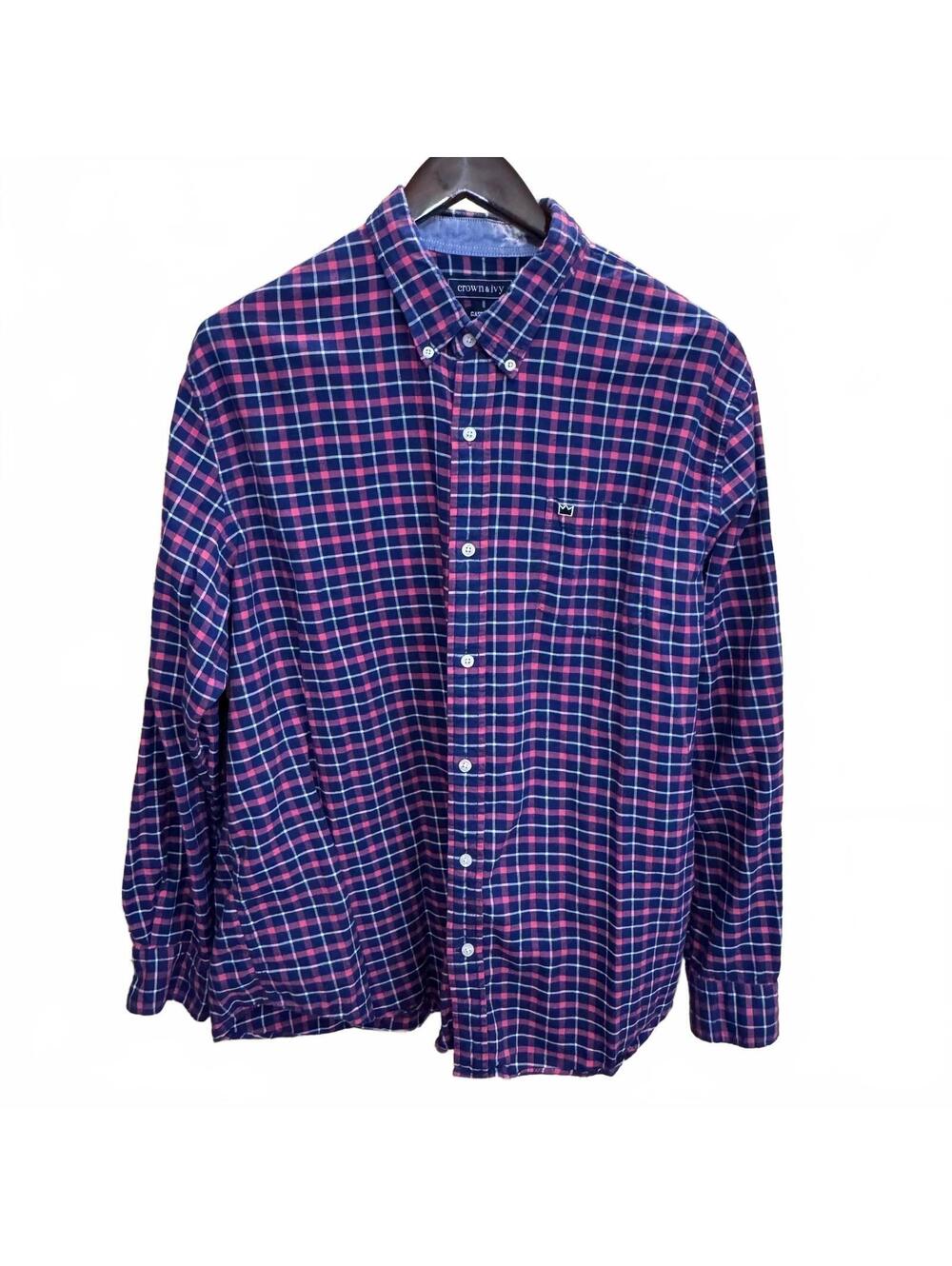 Crown & Ivy Shirt Mens XL Blue Pink Plaid Button Down Padded Elbows Classic Fit